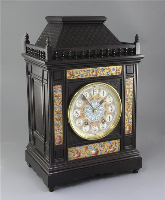 An Aesthetic movement ebonised architectural mantel clock, c.1885, height 20in.